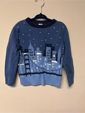 Toddler Cityscape Blue Knit Sweater with Bridge Motif